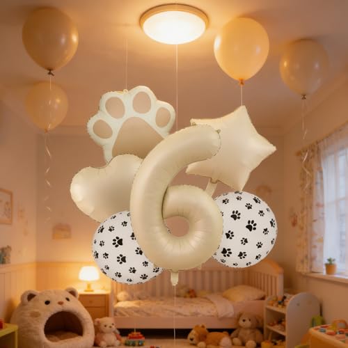 Image of 6th Birthday Dog Paw Balloons Set,18'' Paw Prints, Heart,Star,Paw Shaped Foil Balloon 40 Inch Cream Number 6 Helium balloons for Puppy Themed Third Anniversary Birthday Party Decorations Supplies 6PCS