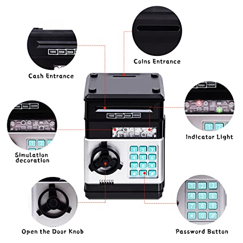 Thedttoy Digital Money Box Mini ATM Safe Money Bank for 3 4 5+ Years Old Kids, Cash Coins Saving Box Safe Money Box for Boys Girls, Perfect Piggy Bank Toy Gifts for Birthday Children's Day (Black)