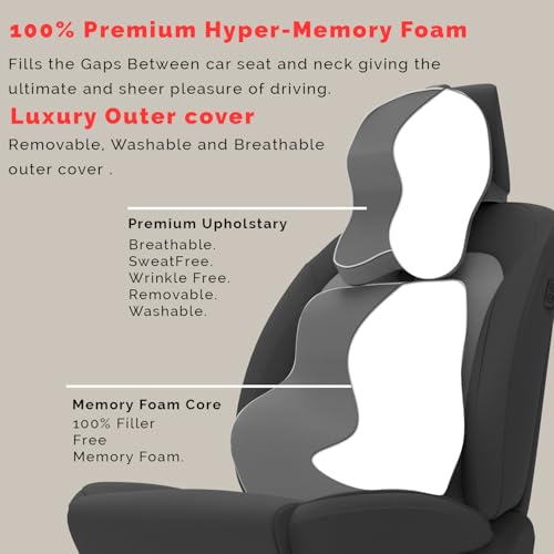 Image of MRRON Orthopedic Memory Foam Lumbar Backrest & Neck Rest Cushion for Car Seat - Ergonomic Car Back & Neck Support Pillow Combo - Pain Relief for Long Drives, Sciatica, Posture (Grey, Long Back)