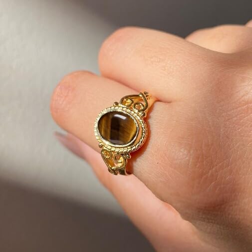 Tiger Eye Yellow Gold Plating Ring, Tiger Eye Anti Tarnish Plated Ring, Brown Tiger Eye Anti Tarnish Plating Ring, Rose Gold Plated Ring, Oval Cabochon Gold Polish Ring -5us - Image 4