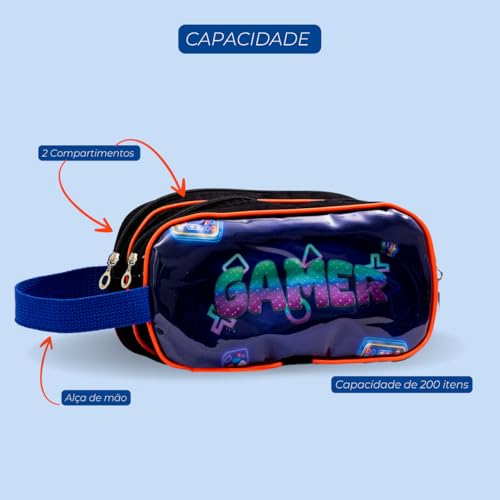 Kit Mochila de Rodinha Escolar Gamer Infantil Masculino + Lancheira Transversal + Estojo Duplo Menin