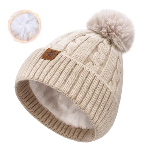 YUHAN PRETTY Winter Beanie Hats for Women Pom Pom Wool Cable Knit Thermal Fleece Warm Faux Fur Beanies for Cold Weather(Beige)
