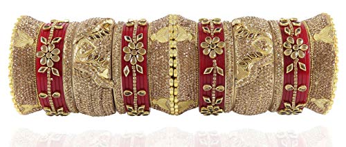 Image of NMII Traditional Gold Plated Acrylic Bangles Bridal Chuda Set For Women & Girls with Zircon Diamond & Pearls Beads Work | Royal Wedding Chudas | Premium Look | Bangles For Wedding, Festive, Function