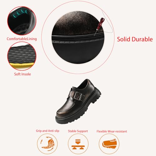 Men's Leather Monk Strap Platform Chunky Heel Loafers Retro Classic Round Toe Heightening Non Slip Lug Sole Slip on Business Block Heel Dress Loafers for Work Wedding3