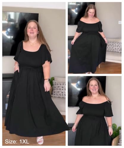 Image of RITERA Plus Size Dresses for Curvy Women Square Neck Short Sleeve Summer Floral Smocked Maxi Dress with Pocket XL-5XL