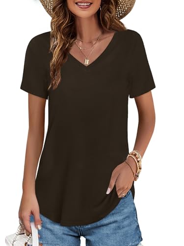 Image of Elesomo Womens T Shirts V Neck Summer Short /Long Sleeve Cotton Tops Tees