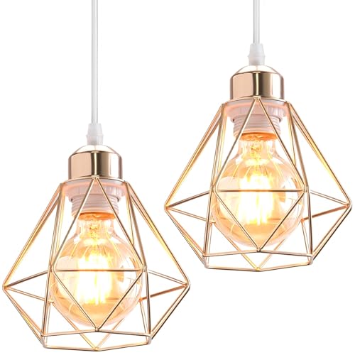 TOKIUS 2 Piezas Lámparas Colgantes Retro Diseño de Jaula de Hierro Dorado Ø 16cm Vintage Lámparas de Techo E27 Iluminación de Techo de Interior para Pasillo Salon Cocina Dormitorio (1 Foco, Oro)