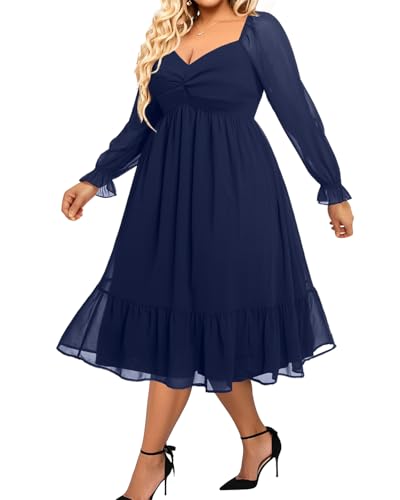 Plus Size Dresses Sweetheart Neckline Long Sleeves Chiffon Party Cocktail A Line Curvy Womens Midi Dress4