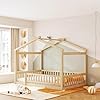Bellemave full size montessori floor bed wood house bed frame house floor bed for kids montessori floor bed with fence playhouse for kids natural  urban country home decor