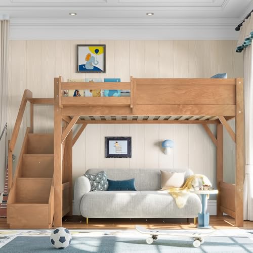 KEIKI Solid Wood Twin Size Loft Bed Frame with Stairs Built-in Wardrobe