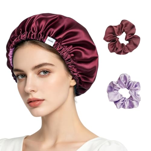 CAVIXO Bonnet de Nuit en Satin Double Couche Réglable, pour Cheveux Bouclés Naturels, avec 2 Chouchous : Rouge foncé et Violet
