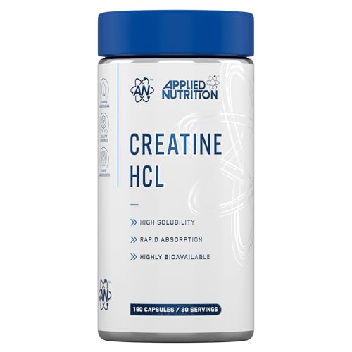 Applied Nutrition Creatine HCL Capsules 3g Creatine Per Serving Creatine Hydrochloride Supplement for Men & Women Strength & Power Training Support (180 Capsules 30 Servings) (Unflavoured)
