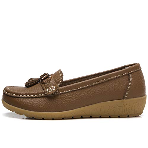 Image of Women Loafers Leather Rubber Sole Slip On Walking Flats Casual Moccasin Boat Shoes