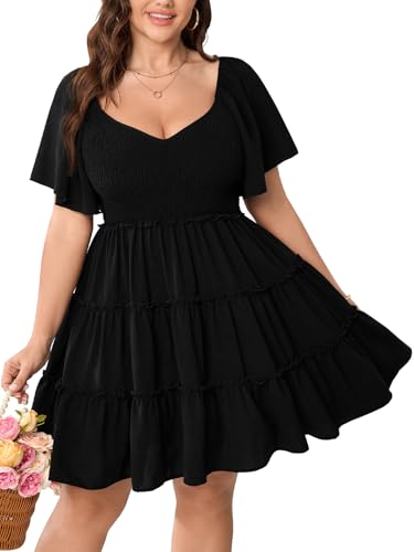Womens Plus Size Casual Mini Dress Sweetheart Neckline Short Flutter Sleeve Smocked A Line Tiered Ruffle Dresses