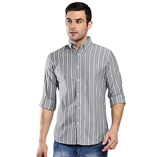 Image of Dennis Lingo Men's Striped Slim Fit Oxford Cotton Casual Shirt with Button Down Collar & Full Sleeves