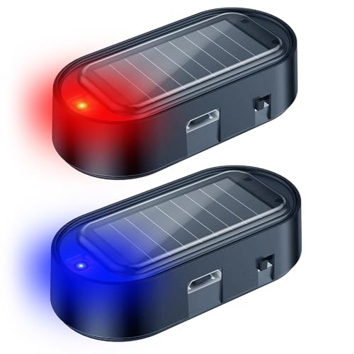 ELECTOP 2PCS Solar Power Dummy Car Alarm Light Anti-Theft Flashing LED Automotive Security Warning Light with USB Charging Port, Easy Install Fake Car Alarm System for Vehicle Safety, Red & Blue Light