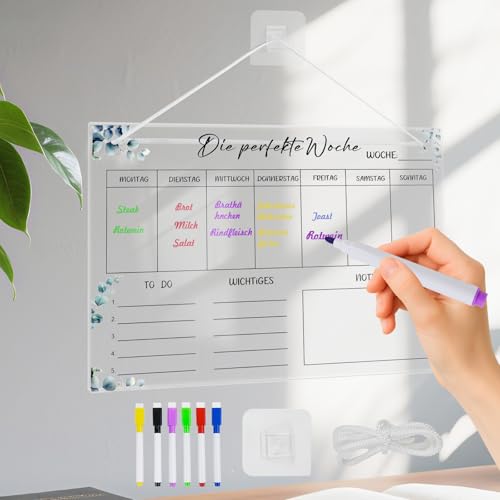 Wochenplaner Abwischbar, Essensplaner Woche aus Acryl für Haushaltsplan, 30 x 20CM Familienplaner mit 6 Whiteboard-Stift Haushaltsplaner zum Aufhängen, To Do Liste für Haushalt auf Deutsch