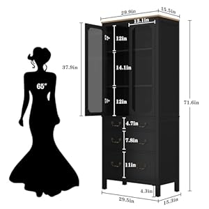 HLR 72 Kitchen Pantry Cabinet Freestanding Tall Storage Cabinet Utility Cupboard Pantry Cabinet with Tempered Glass Doors and Adjustable Shelves for Kitchen Living Room Dining Room