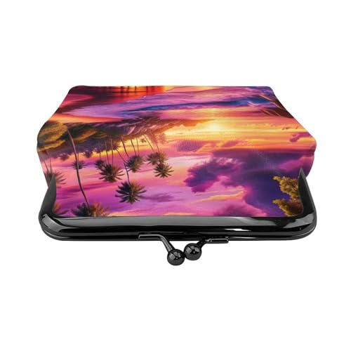 Pu Leather Buckle Coin Purse Hawaiian-Sunset-Beach-Wonder Girls Kiss-Lock Change Purse Wallets2