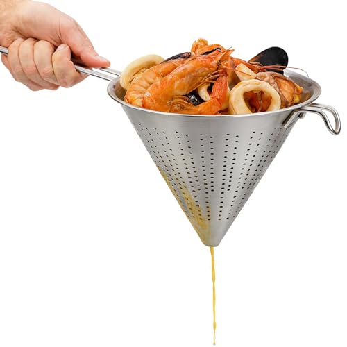 Colador Chino de Cocina, Colador forma cónica, colador Chino, Escurridor de Acero, Apto para para Pasta, Verduras, Frutas y Arroz, Acero inoxidable, Incluye 1 gancho de sujección, Diámetro 14 cm
