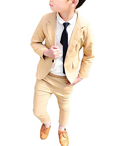 Jungen Kinder Zweiteiliges Set Lange Ärmel Blazer Hosen Anzug Einfarbig Outfit Kaki 140 Cover