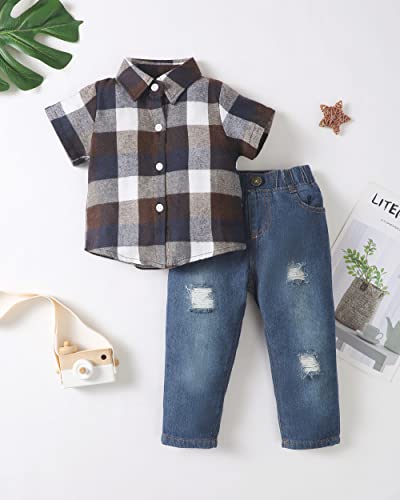 Xuanhao 18 Months Boy Clothes Toddler Outfits Summer Clothes For Boys 18-24 Months Short Sleeve Button Plaid Polo Shirt Denim Ripped Pants 18-24 Months Boy Clothing Brown #TOP1