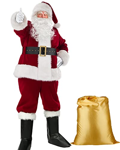 Santa Claus Costume for Men,Professional Santa Suit Adults Men Christmas Santa Costume Deluxe 9 PCS Santa Outfit