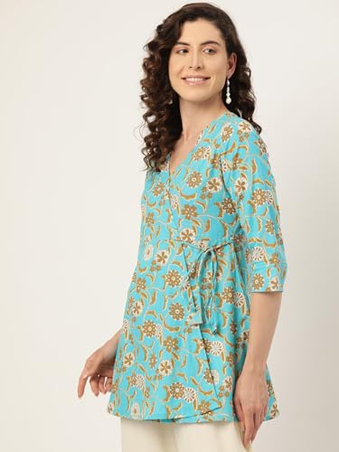 Image of feranoid Floral Print Angrakha 3 Sleeves Flared Kurti