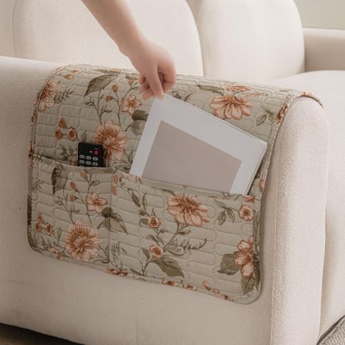 Image of HOMETHREADS Anti-Skid Sofa Protector Mat: Premium Printed Cotton Slipcover with Strong PVC Non-Slip Backing, (White Green, 2Pc Armrest Mat | 50x75cm)
