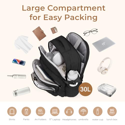 Image of CLUCI 17.3 Inch Laptop Backpack for Women, Anti Theft Travel Backpack, Puffer Quilted Work Backpack, Water Resistant College Bookbag, Carry on backpack with RFID (Black)