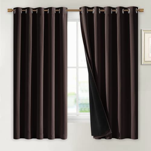 Image of NICETOWN 100% Blackout Lined Curtains, Brown, 1 Pair, 62 inch Width x 63 inch Length Each Panel, 2 Thick Layers Completely Blackout Window Treatment Thermal Insulated Drapes for Kitchen /Bedroom