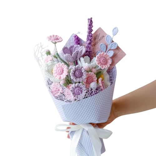 HOOKOK DS2024006 Bouquet de Fleurs en Crochet – Bouquet de Fleurs en Tricot Marguerite, lys et Lavande Cadeau pour Elle, Saint-Valentin, fête des mères, Anniversaire, Mariage, décoration d'intérieur,