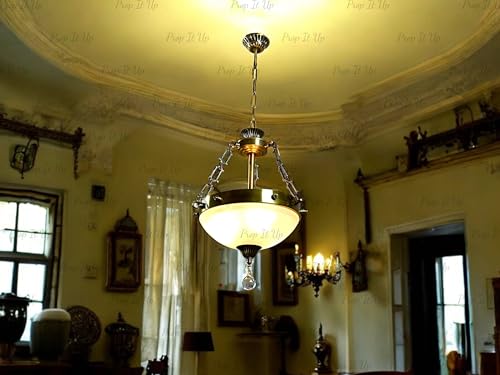 Image of Prop It Up Vintage Crystal Pendant Chandelier, Antique Brass Finish, Frosted Glass Bowl with Crystal Drops, Traditional Ceiling Light, Without Bulb
