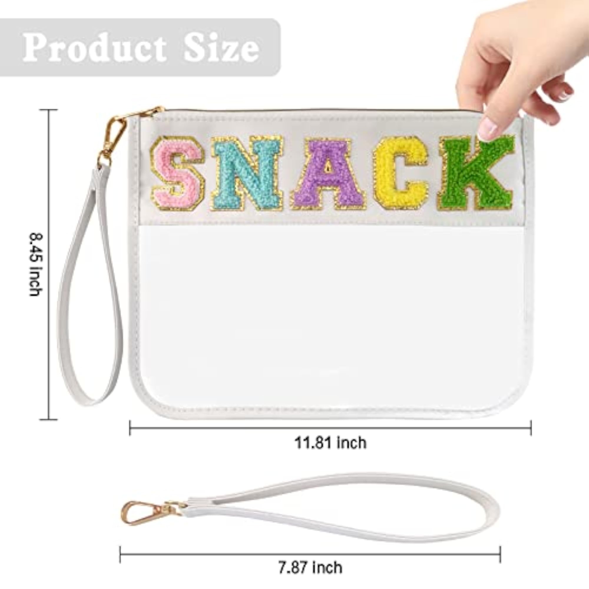 Chenille Letter Clear Zipper Flat Pouch, Travel Makeup Bag