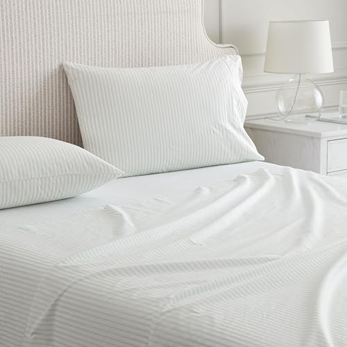 Image of Martha Stewart - Twin XL Size Sheet Set, Breathable Cotton Percale Bedding with Matching Pillowcase, Fully Elastic Fitted Sheet, Deep Pocket, Crisp & Cooling All-Season Comfort (Ticking Stripe Green)