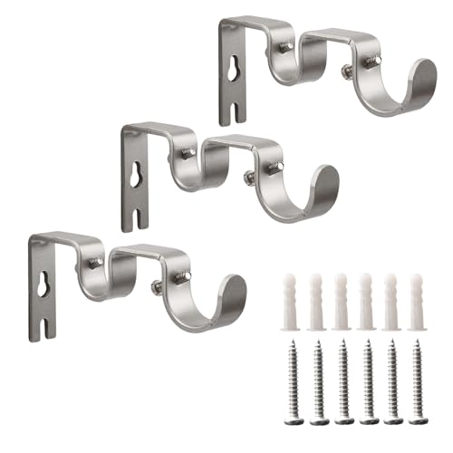 Shonmogar Double Curtain Rod Bracket,3 Pack Metal Curtain Rod Holders for Wall,Sturdy Curtain Rod Brackets for 1 Inch Curtain Rod,Silver Wall Mounted Curtain Rod Hooks for Bedroom Living Room Patio