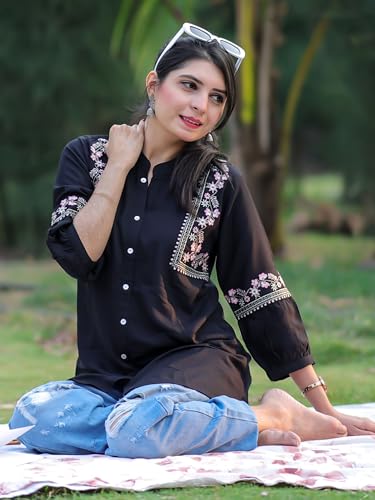 Image of Women's Viscose Rayon Embroidered A-Line Short Kurti Above Knee Regular Fit Tunic Top Office Wear Casual short kurti for women | office wear top | A-line kurti | raksha bandhan gift dress for women