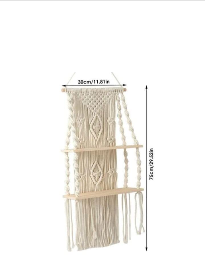 Image of Aain Macrame Wall Hanging Shelf Balcony Hangers |118| Pine Wooden Plank Bohemian Style Hand Cotton Cord with Set of 2 Shelves for Flower Plants |Living Room | Bathroom Beige, L 75 x 30 W