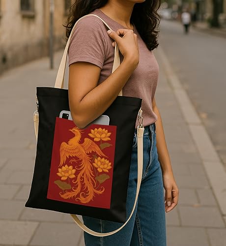 Image of ZORI Black Sling Tote Bag With Pocket and with Beige Straps, Tote Bags For Women large capacity,Tote bag For Shopping, College, Travel, More Canvas Handbag For Unisex