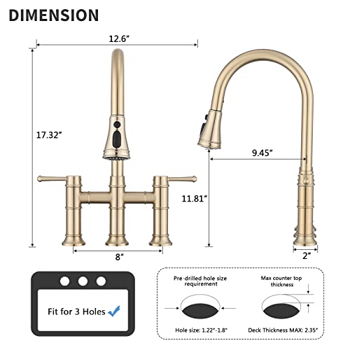 Dornberg Bridge Kitchen Faucet With Pull Down Sprayer, 3 Hole Kitchen Sink Faucet Spot Free Stainless Steel, 2 Handle For Easy Controlled Cold And Hot Water - Brushed Golden #TOP4
