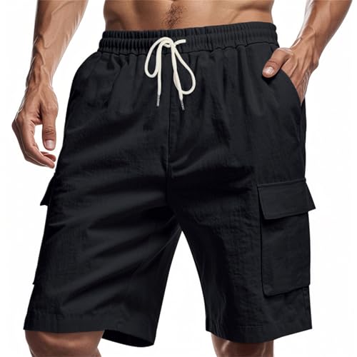Pantalones cargo de lino para hombre, pantalones cortos de deporte para hombre, con bolsillos, pantalones cortos cargo con muchos bolsillos, pantalones cortos de verano, transpirables, de secado