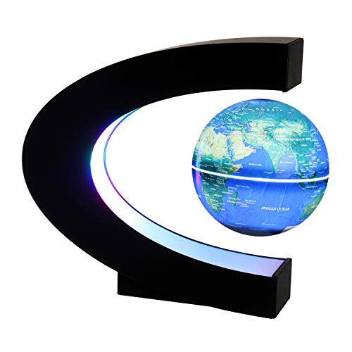 Magnetic Levitating Globe with LED Light, 3'' C Shape Base Floating Globes, Rotating World Map, Cool Tech Gift for Men Father Boys, Birthday Gifts for Kids, Desk Gadget Decor in Office Home (Blue 2)