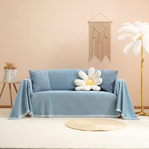 Manta de felpilla de color sólido para sofá, antiarañazos, lavable, para 3 plazas, varios tamaños, decoración de sala de estar, azul, 180 x 340 cm
