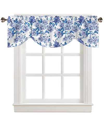 Tie Up Valance Curtains Rod Pocket 54 x 18In, Elegant Blue Rose Flowers Short Curtain for Kitchen Cafe Bedroom Living Room Window, Thermal Insulated Decor Valances for Windows, -  Chic D, 230517-*CPF-XDTTCL-SCRY01943CLTACHD