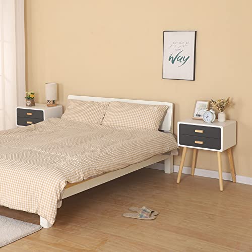 Set Of 2 Nightstand End Table With 2 Storage Drawers And Solid Wooden Legs, Fashion Modern Side Table For Bedroom Living Room Furniture (Grey) #TOP3