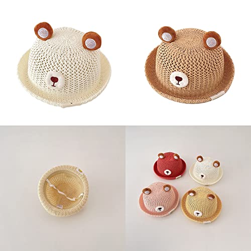 Bucket Hat,Little Kids Straw Hat Toddler Boys Girls Breathable Beach Sun Visors Hats Bear Ear Decorations Accessory2