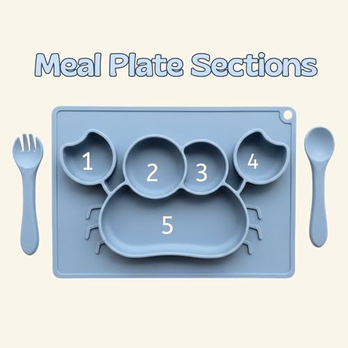 Image of Silicone Baby Meal Plate Set with Spoon & Fork | Crab Shaped | Blueberry Colour | 5 Section Divided Plate for Toddlers | Food Grade Kids Feeding Set | Microwave Dishwasher Safe