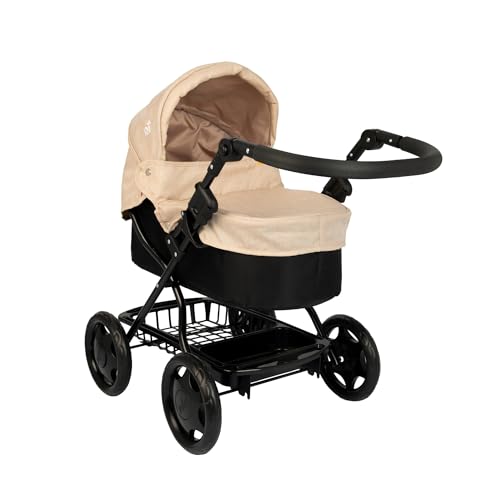 Joie Junior Cherish Dolls Pram | Stone & Black Adjustable Handle & Hood Fold Flat Design Includes Matching Changing Bag Removable Apron & Under Seat Storage | Toy Pram for Kids Role Play | 3+