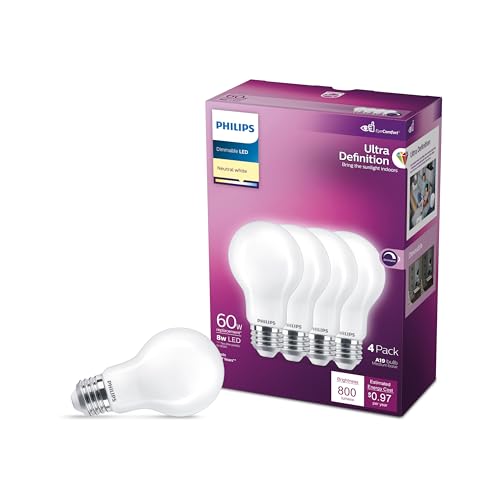 Image of PHILIPS A19 Ultra Definition Frosted Dimmable LED Light Bulbs - Flicker-Free 60w Light Bulbs with EyeComfort Technology - Daylight 3500K Lightbulb - 800 Lumen - E26 Base - 4 Pack