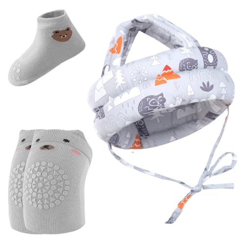 Culinavog Caschetto Primi Passi per Bambini con Ginocchiere e Calzini Antiscivolo,Casco Neonato Regolabile,Adatto ai Bambini Piccoli per Imparare a Gattonare, Camminare e Giocare